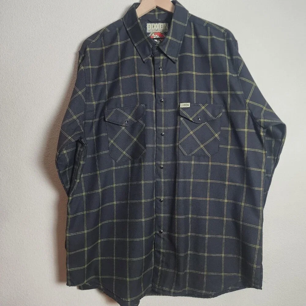 Dixxon Flannel Company Shirt Mens XL Navy Yellow Plaid Snap Front Stay Gold